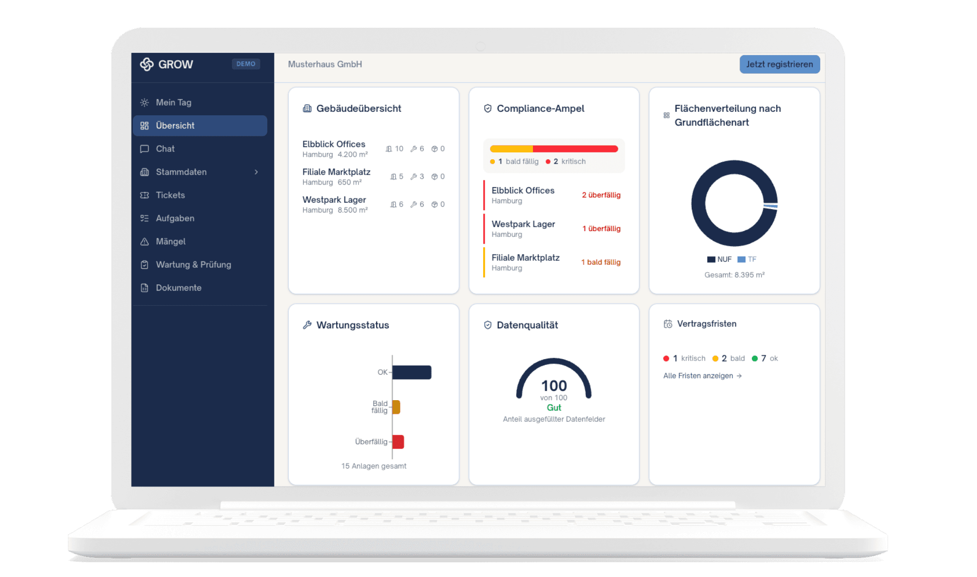 GROW Dashboard auf einem Laptop mit Gebäudeübersicht und Compliance-Ampel
