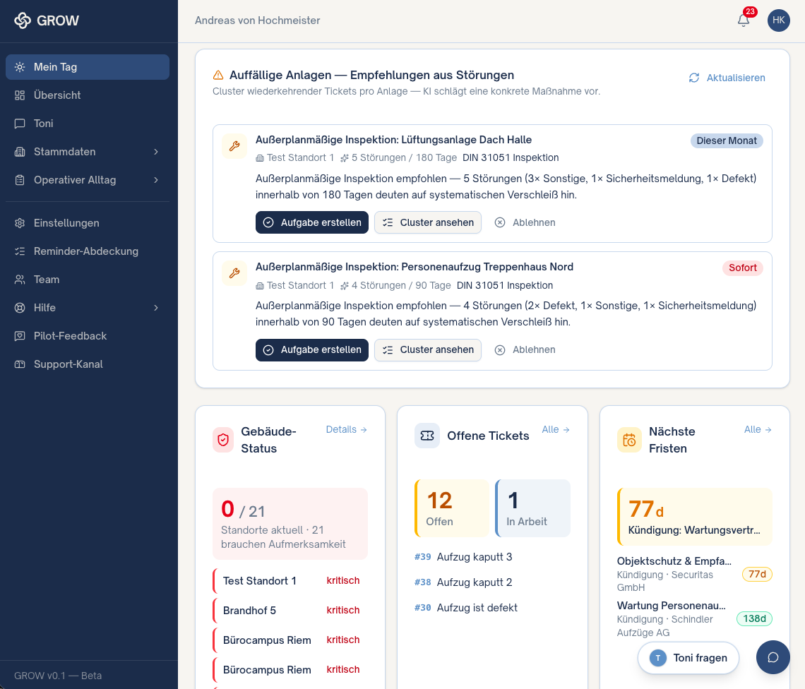 GROW Dashboard „Mein Tag“: Empfehlungen aus Störungen, Gebäude-Status, offene Tickets und nächste Fristen auf einen Blick