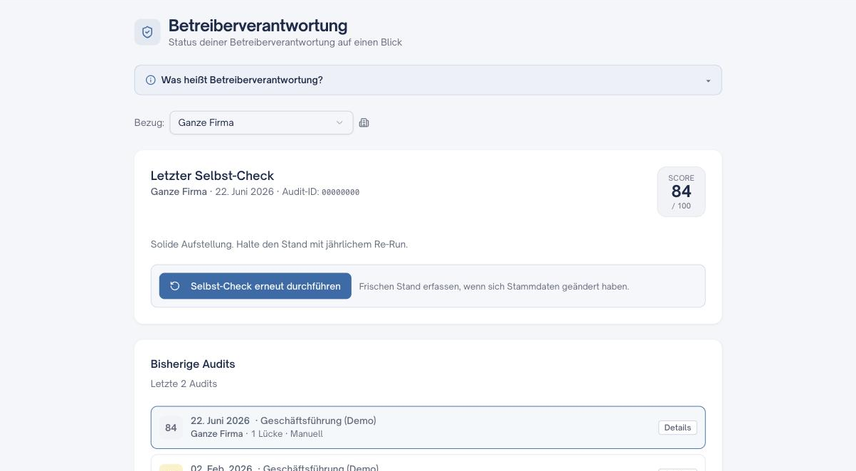 Betreiberverantwortung in GROW: letzter Selbst-Check mit Punktzahl und Audit-ID, darunter die Historie der bisherigen Audits